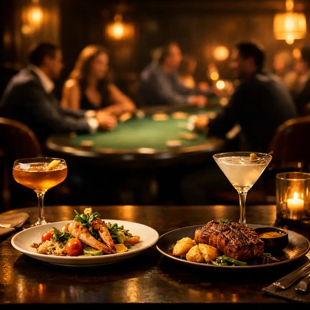 Seafood, steak plates and cocktails in a bistro with a poker lounge beyond