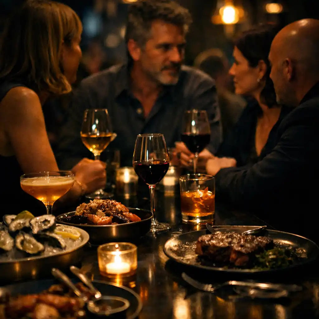 Guests gathered at a warmly lit bistro table with food and cocktails