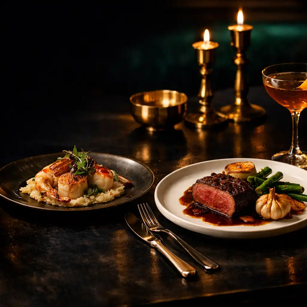 Refined seafood and steak plates with an elegant cocktail on a dark supper-club table