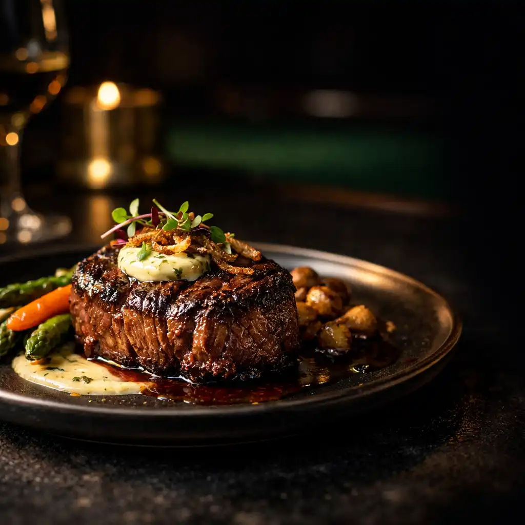 Composed steak dinner on a dark ceramic plate in an intimate supper-club setting