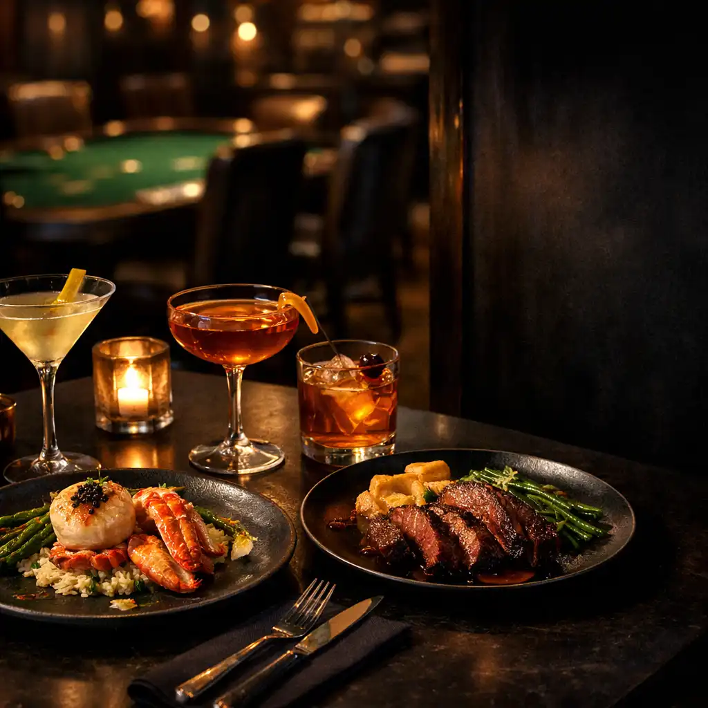 Seafood, steak dishes, and cocktails on a warmly lit Luckytableclub bistro table