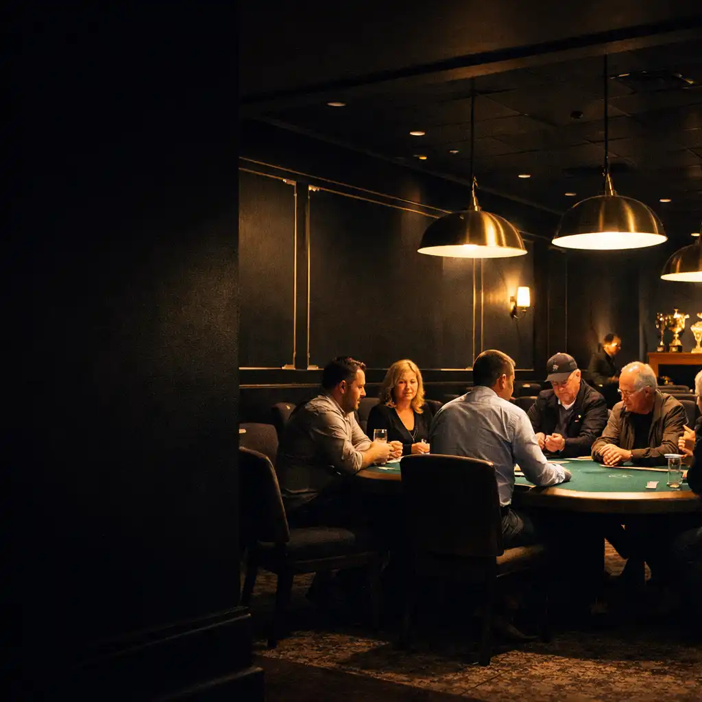 Warmly lit Brisbane poker room with emerald felt tables and guests gathered together