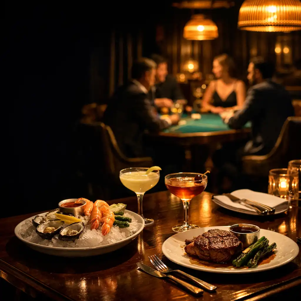 Dinner plates and cocktails in a warmly lit Brisbane bistro with an emerald felt poker table beyond