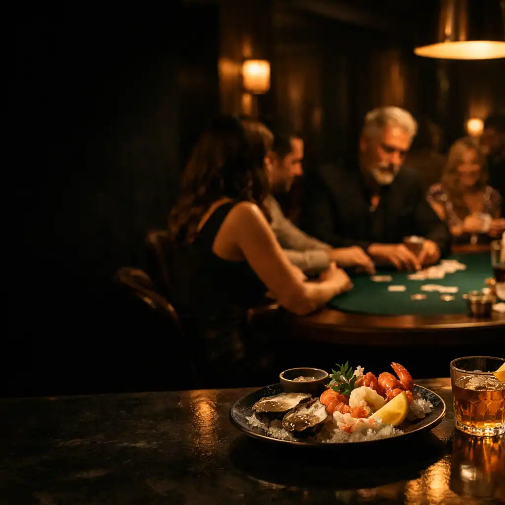 Seafood plate and cocktail beside guests gathered around an emerald felt poker table