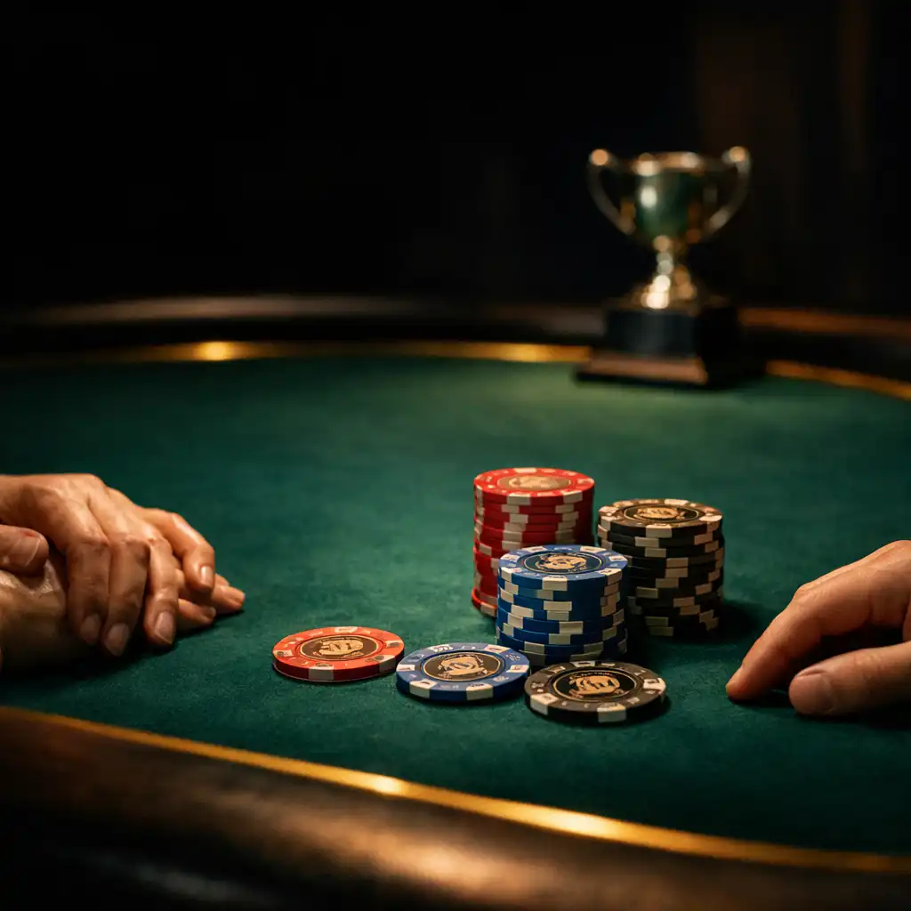 Hands, souvenir chips, emerald felt, and a small trophy in a poker room