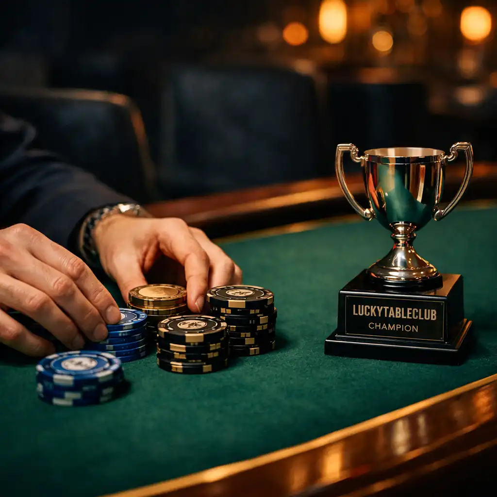 Close view of emerald felt poker table details and souvenir chips in the physical lounge