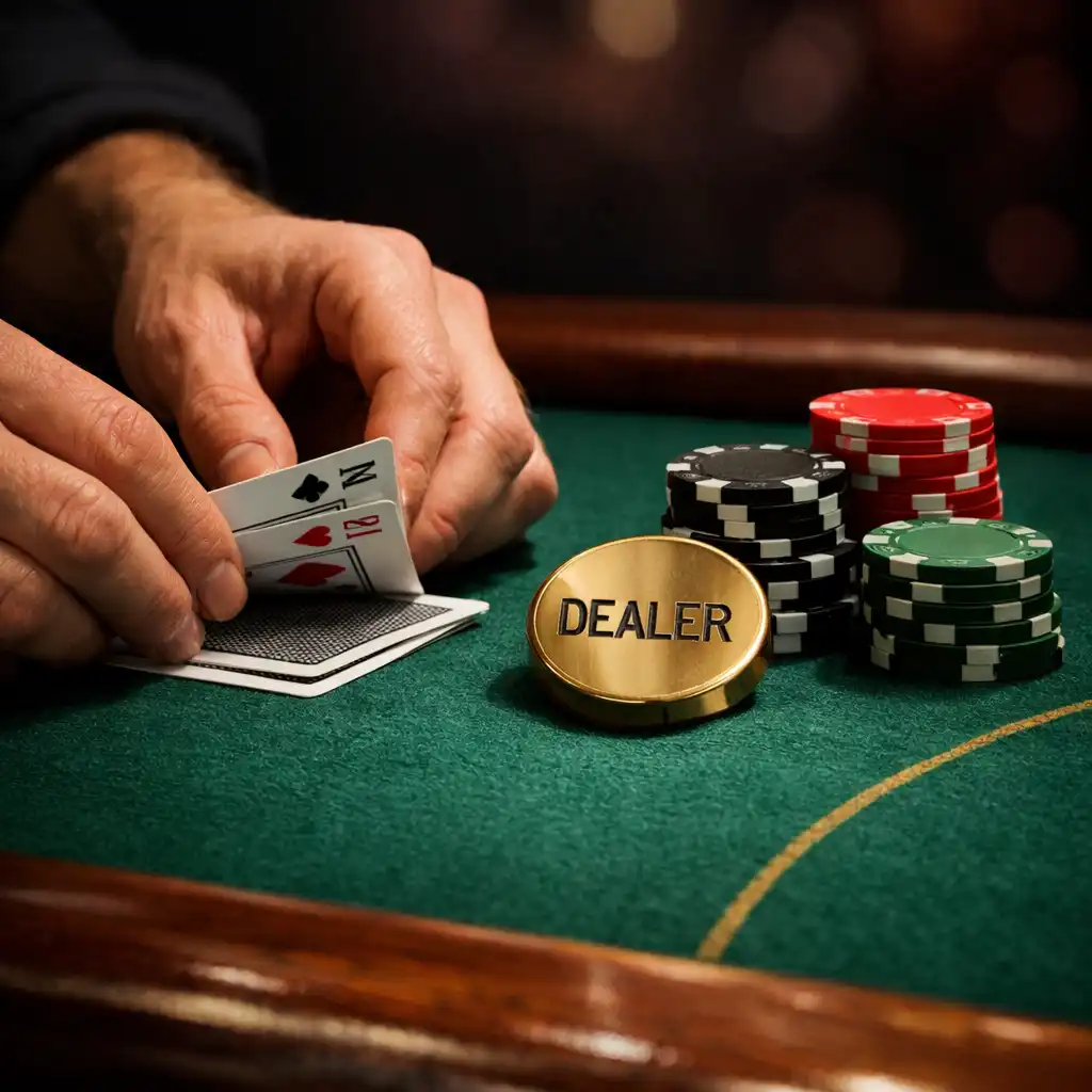 Hands arranging physical cards and souvenir chips on an emerald felt poker table