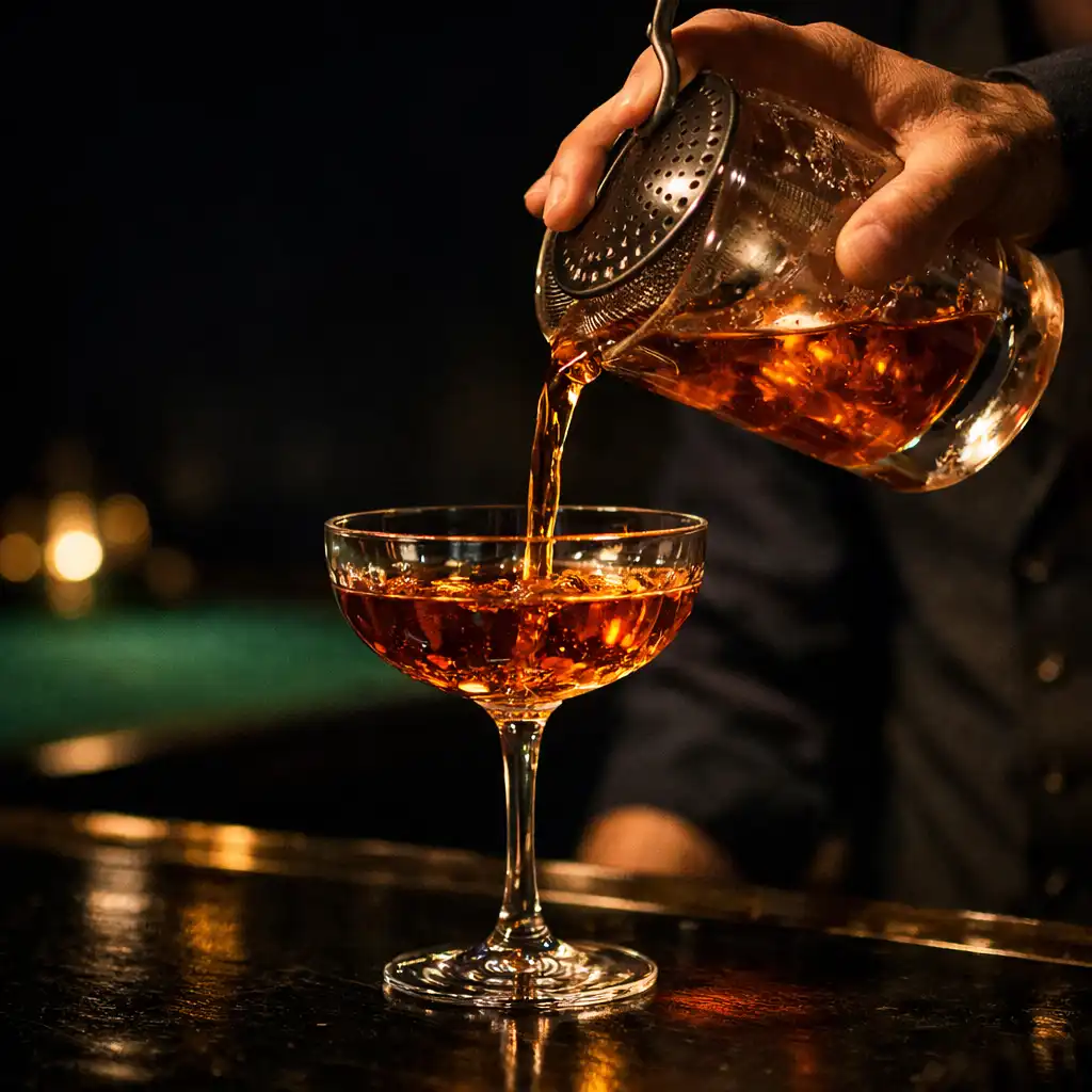 Bartender pouring a cocktail into a refined glass over a dark bar surface