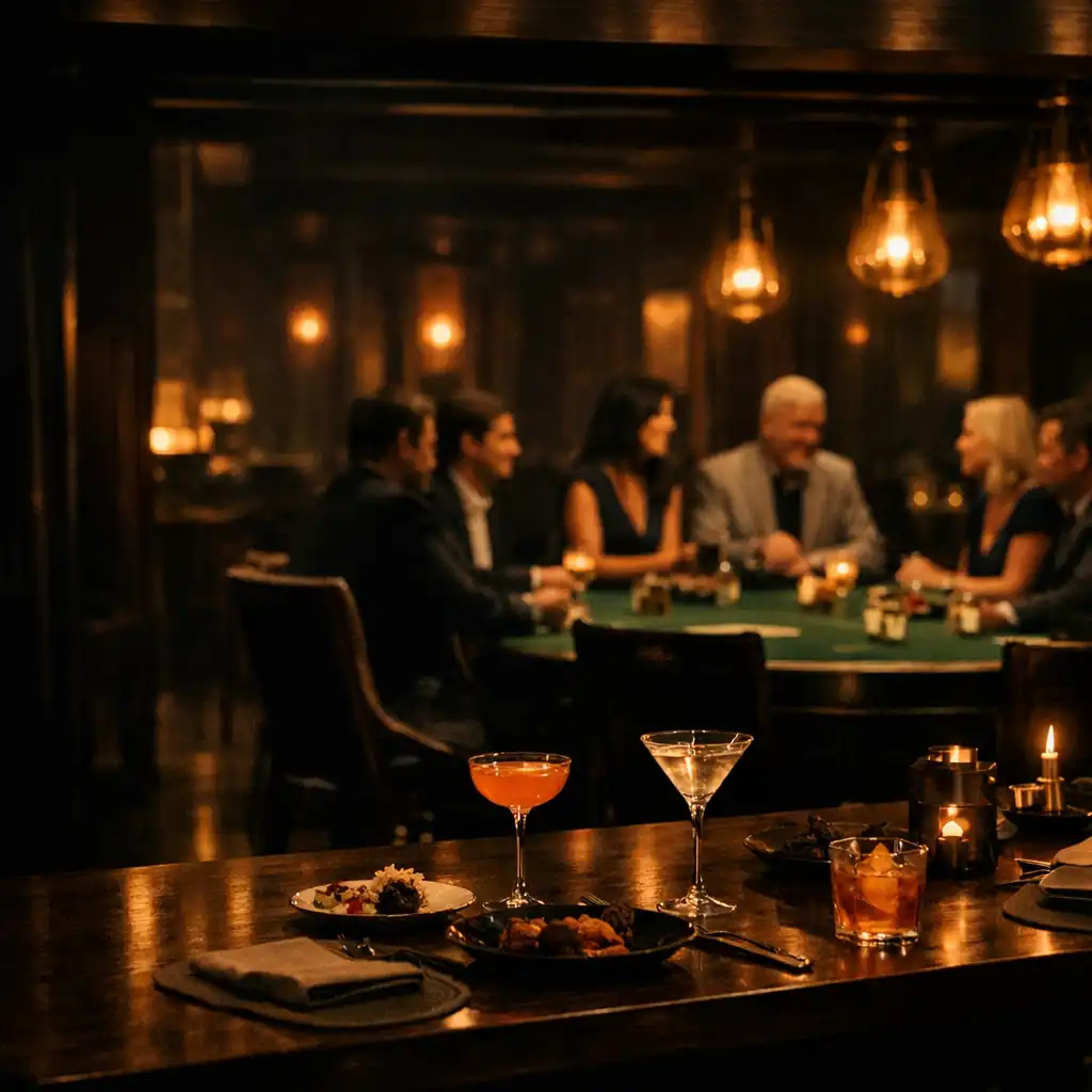 Warmly lit supper-club dining table with cocktails and emerald felt poker tables deeper in the room