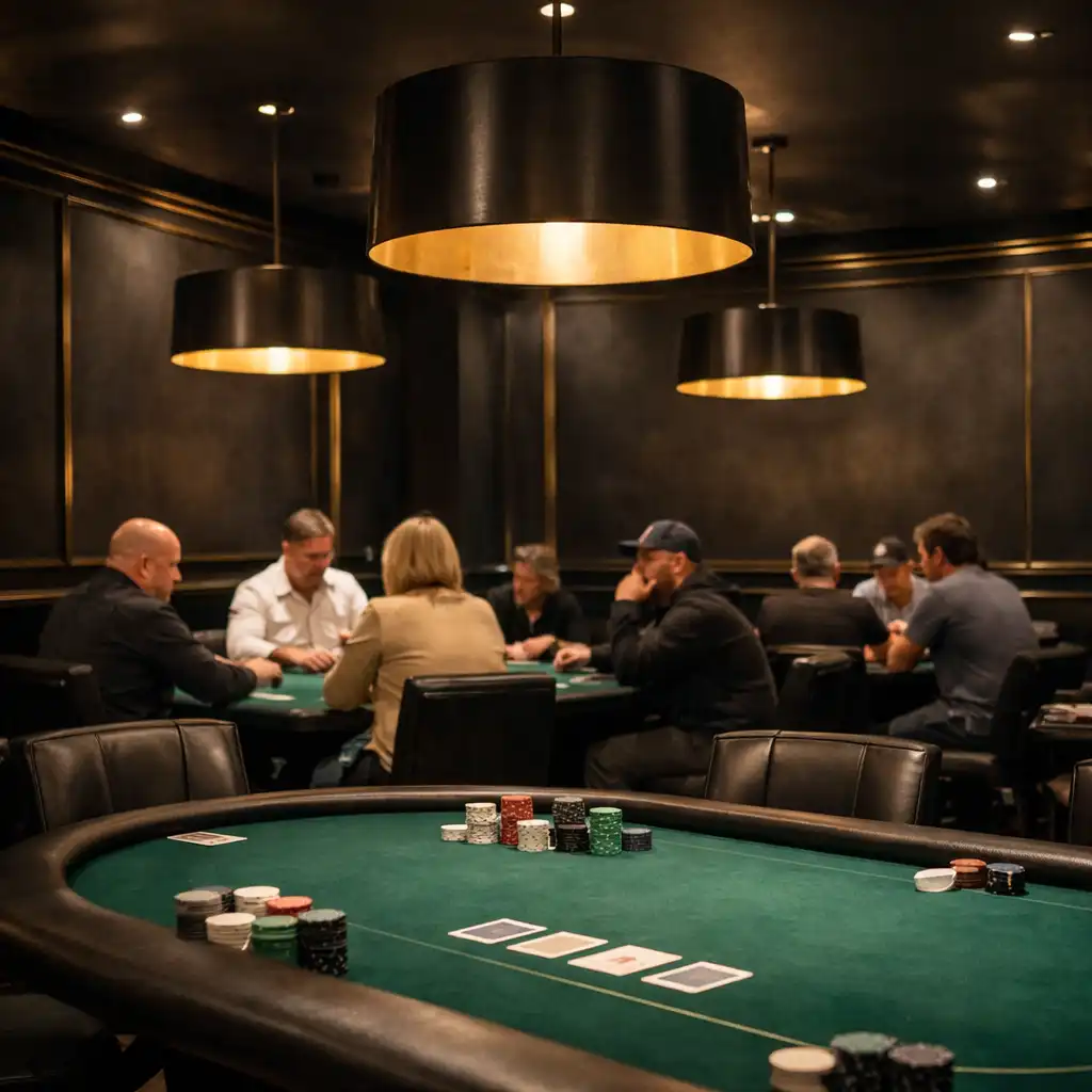 Premium poker room with professional emerald felt poker tables and guests gathered in person