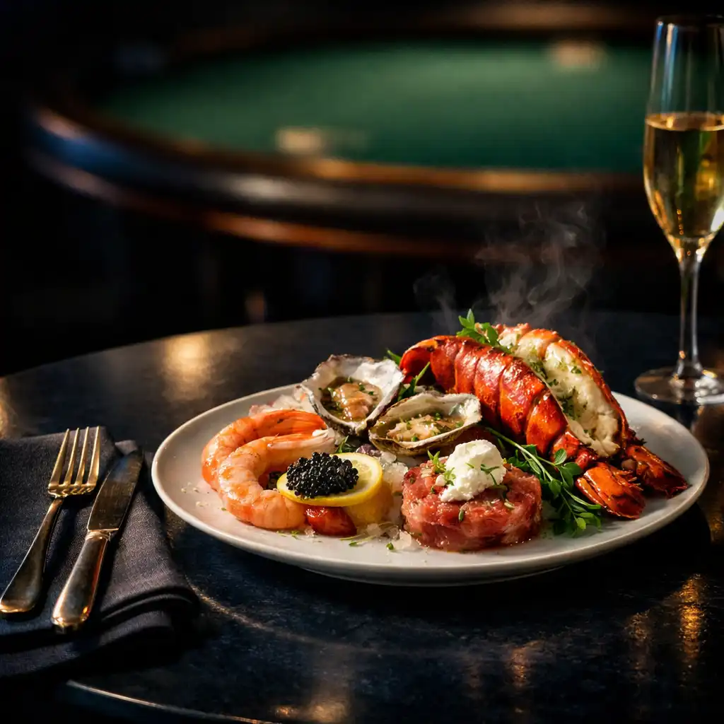 Elegant seafood plate on a dark bistro table with a softly blurred emerald felt table in the background