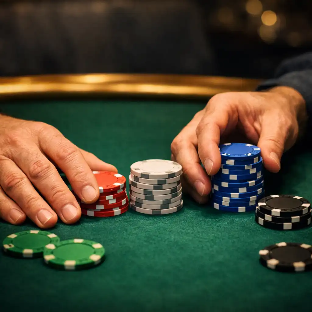 Adult hands arranged around unmarked souvenir chips on an emerald felt poker table