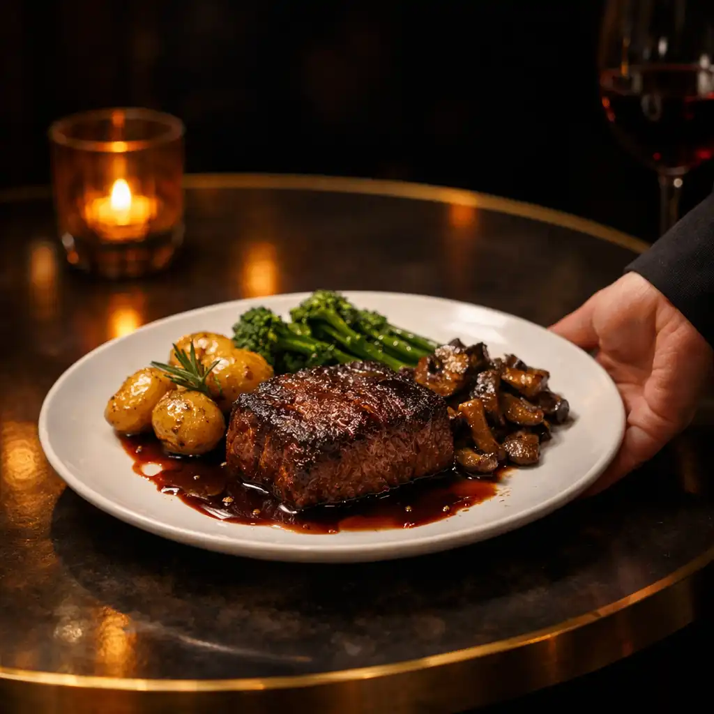 Plated steak arriving at a warmly lit dark bistro table