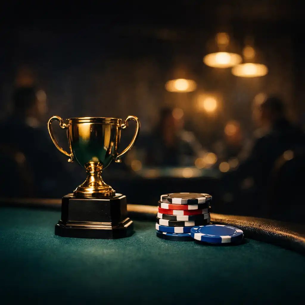 Polished trophy and unmarked souvenir chips resting at the edge of an emerald felt poker table