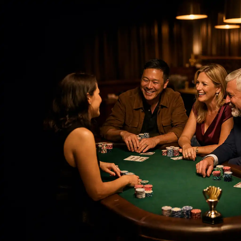 Guests gathered around an emerald felt poker table in the Luckytableclub lounge