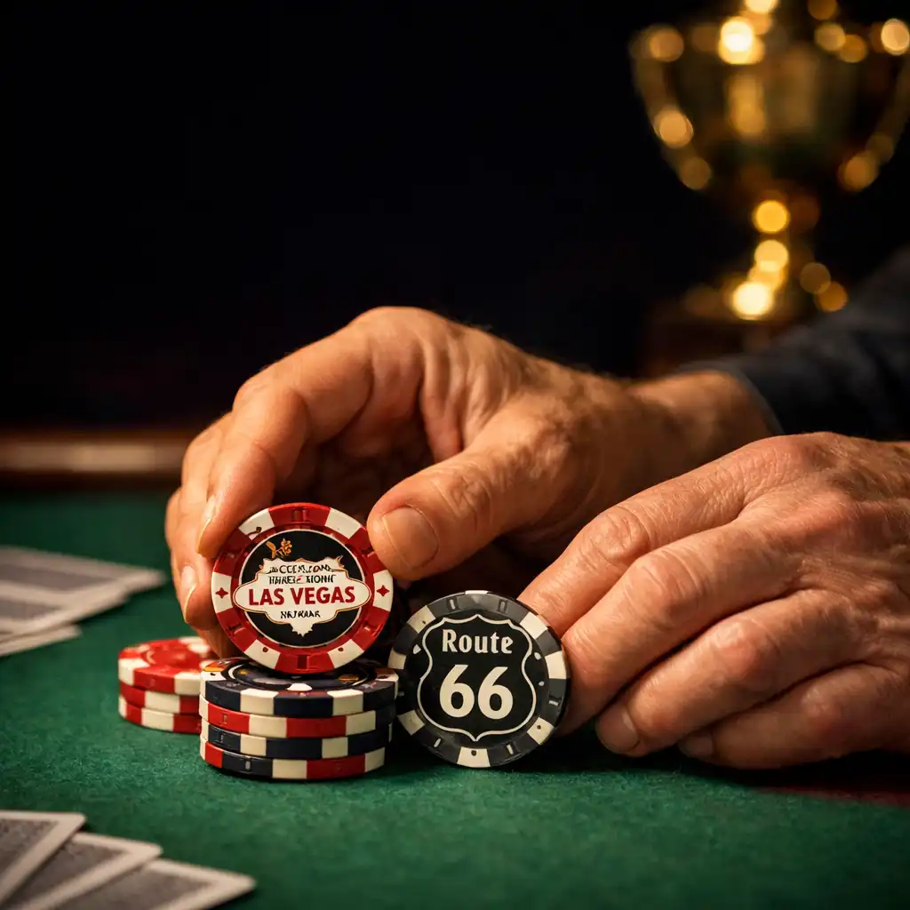 Hands arranging decorative souvenir chips on emerald felt at a poker table