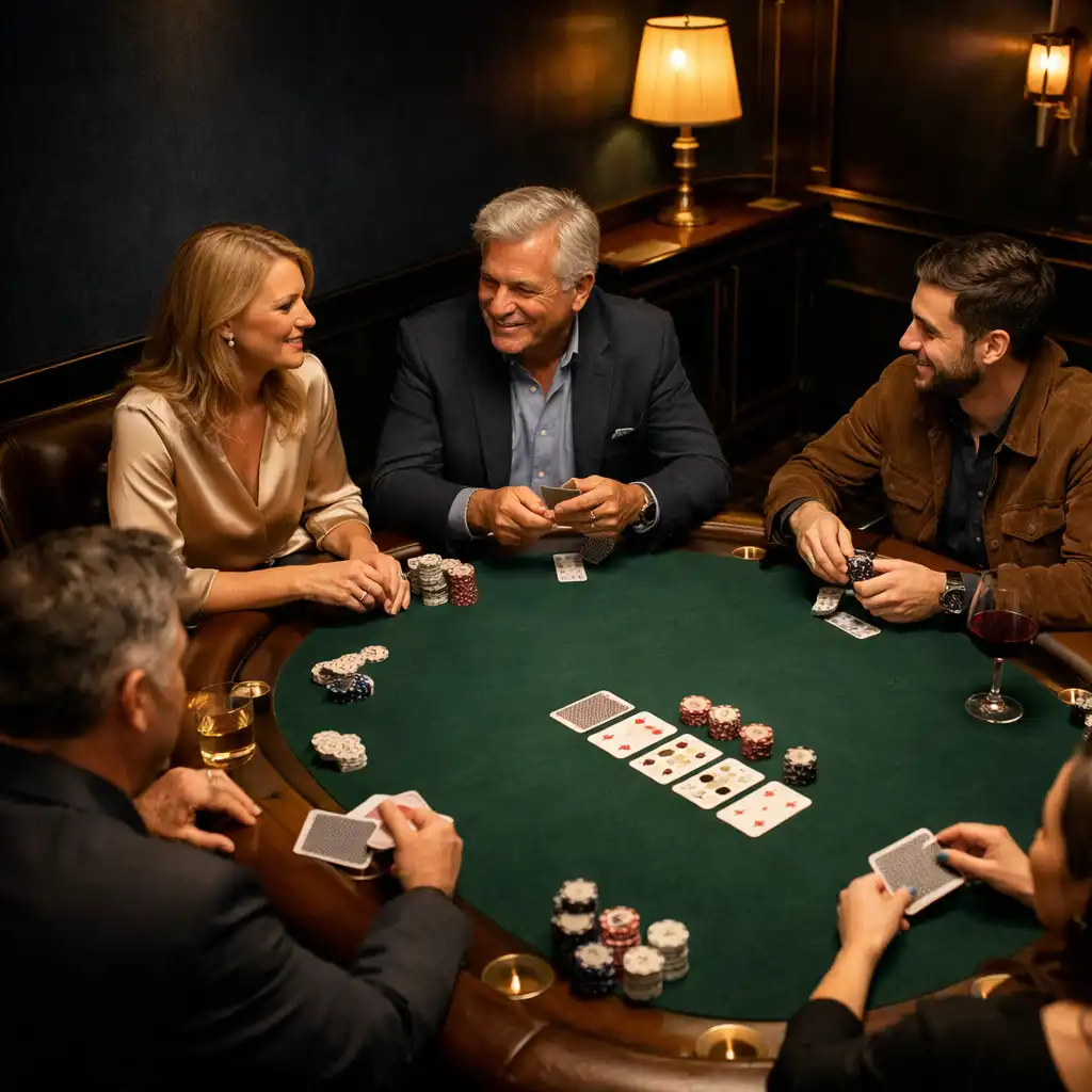 Guests socialising around a professional emerald felt poker table