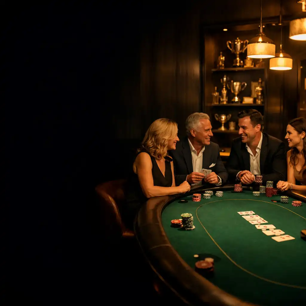 Guests gathered around an emerald felt poker table in Luckytableclub's warm poker lounge