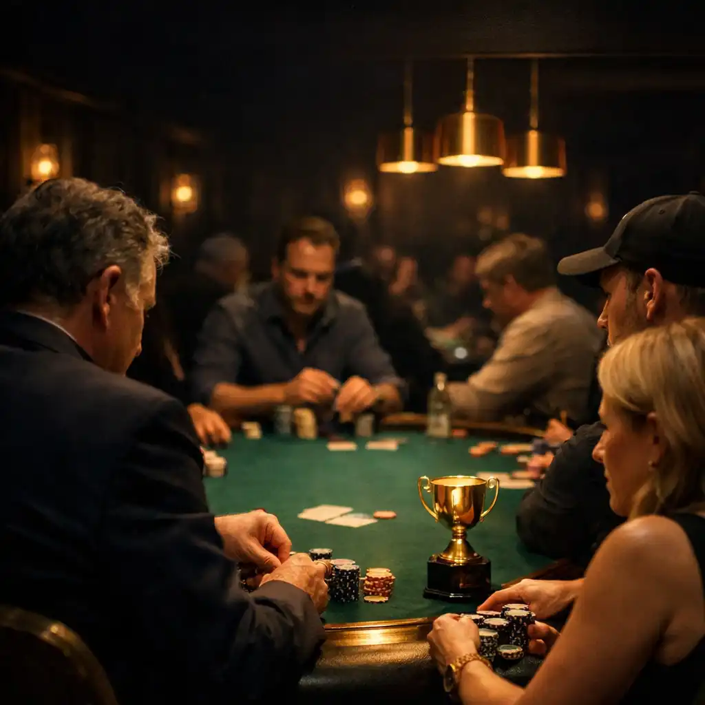Guests gathered around an emerald felt poker table with a trophy at the edge