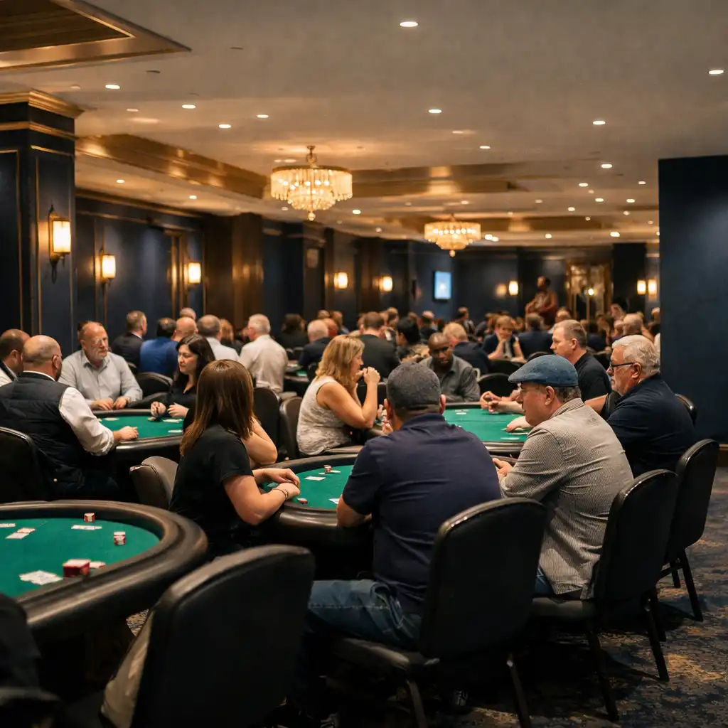 Guests enjoying face-to-face offline poker in a dark poker room