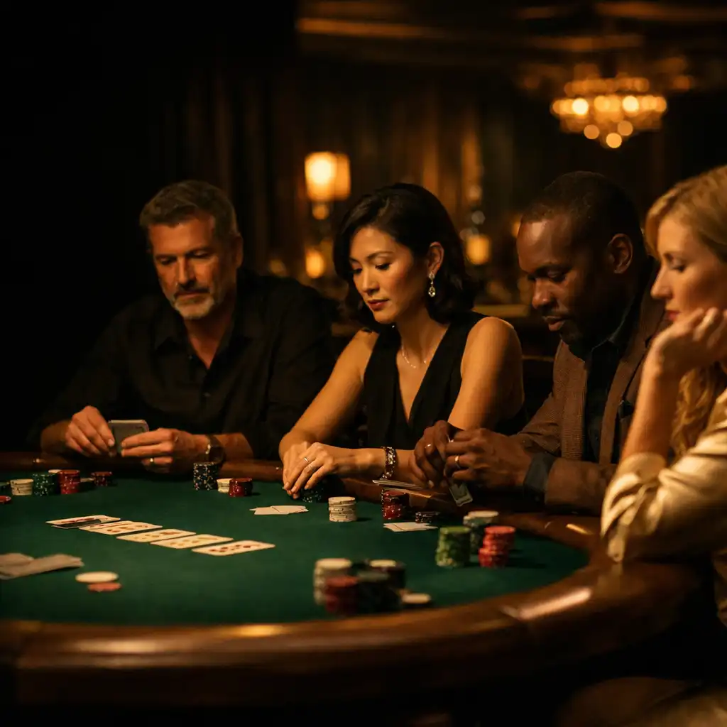 Guests gathered around an emerald felt poker table in Luckytableclub's offline poker lounge