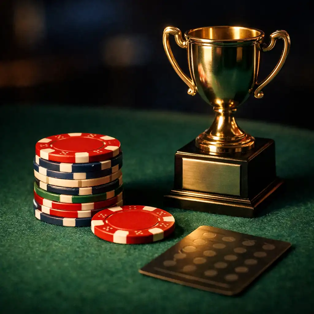 A small trophy and souvenir chips on emerald felt
