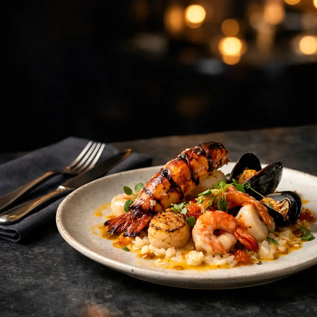 Elegant seafood dish on a dark bistro table with warm evening light