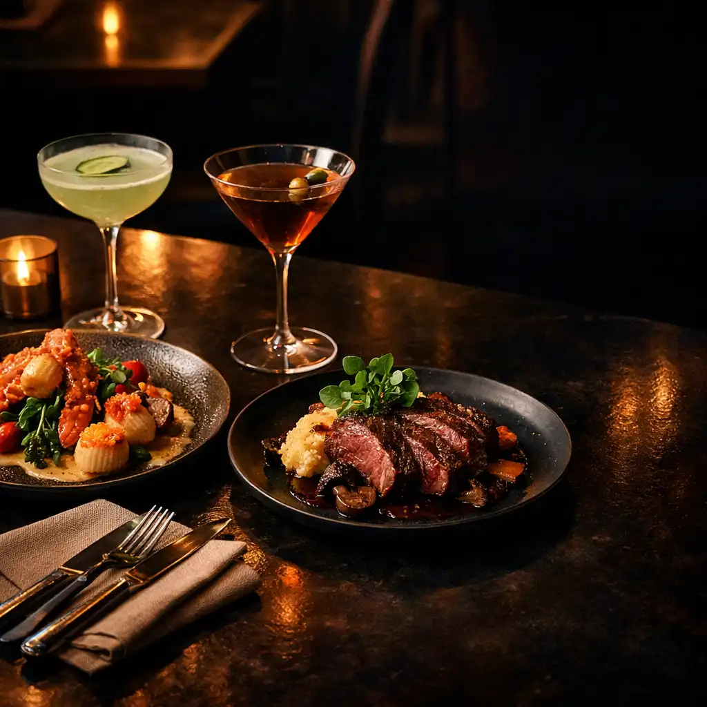 Seafood, steak, and cocktails arranged on a dark bistro table