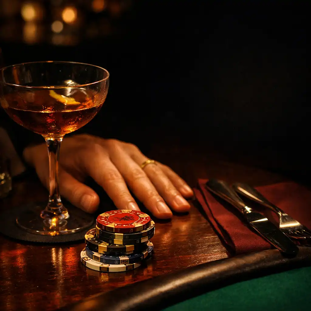 Hand beside decorative souvenir chips, cocktail glass and emerald poker felt